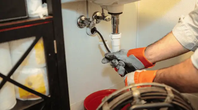 Drain cleaning technician using a motorized plumbing snake to clear a clogged sink pipe in Hollywood, FL